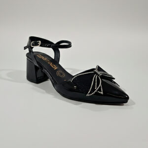 Zapatilla Lumière - Negro | Tacón Bajo con Moño de Brillo