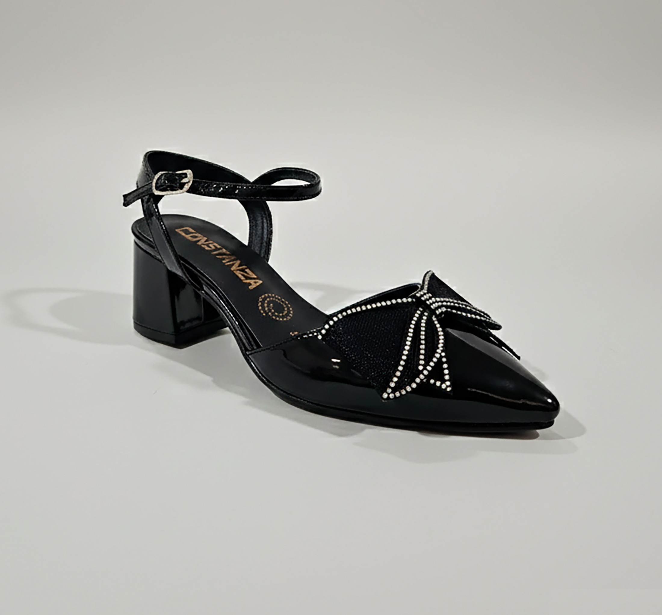 Zapatilla Lumière - Negro | Tacón Bajo con Moño de Brillo