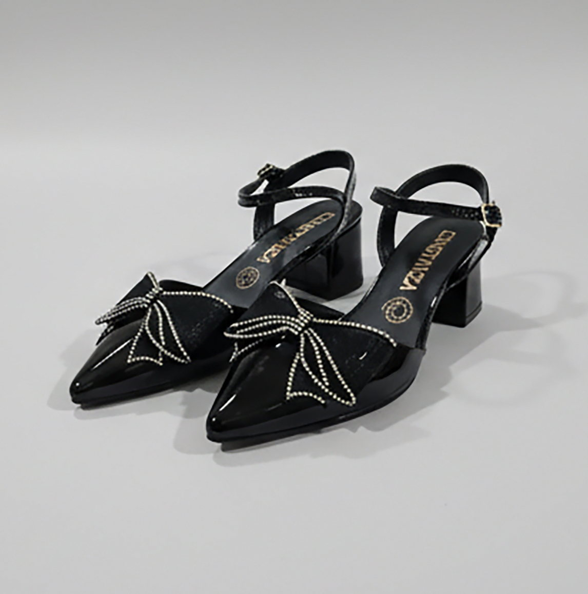 Zapatilla Lumière - Negro | Tacón Bajo con Moño de Brillo - Imagen 3