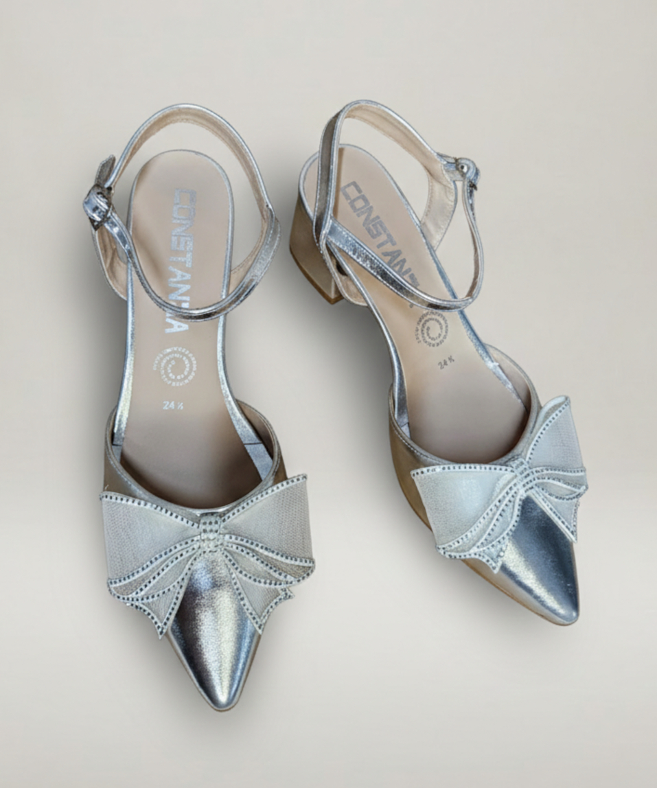 Zapatilla Lumière - Plateado | Tacón Bajo con Moño de Brillo - Imagen 2